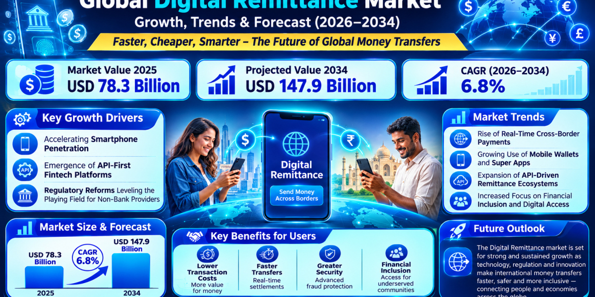 Digital Remittance market was valued at USD 78.3 billion in 2025 and is projected to reach USD 147.9 billion by 2034,